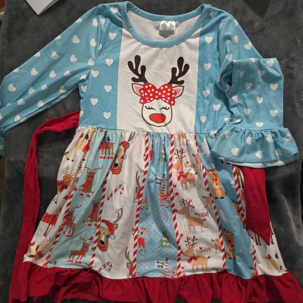 Cute Reindeer Print Dress with Red Accents